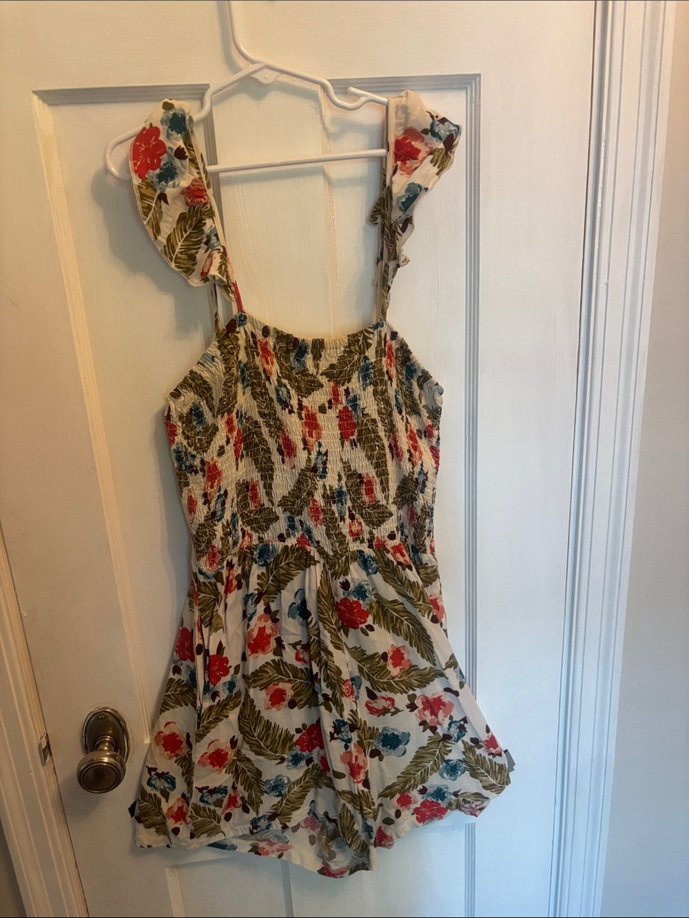 Mimi Chica Floral Leaf Print Romper in White, Red, Blue, Green